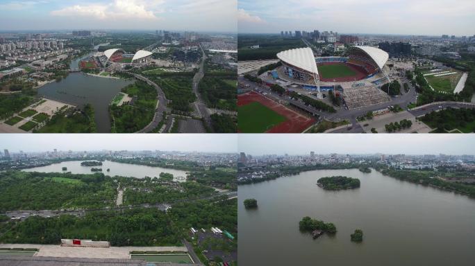 4K城市航拍，嘉兴南湖，体育场，城市俯拍