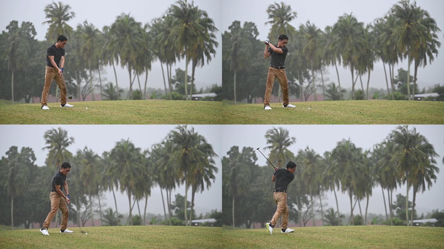 男子高尔夫球手在雨中打高尔夫