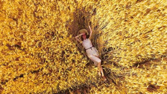 一位年轻女子躺在金色麦田成熟的麦穗中