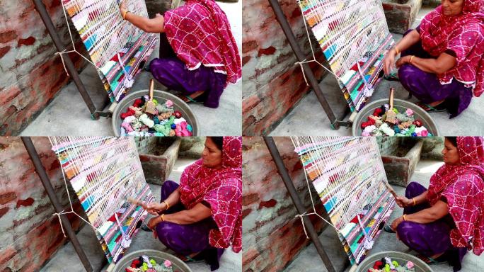 编织的妇女。棉花地毯是用棉花或羊毛织成的