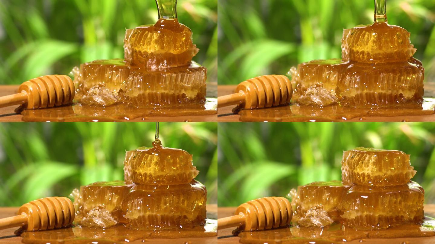 蜂蜜在蜂窝上流动广告宣传片晶莹剔透短视频