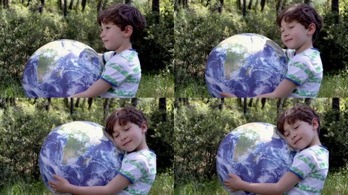 带充气地球球的男孩