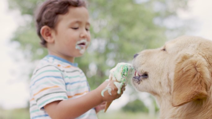 孩子喂狗狗吃冰淇淋