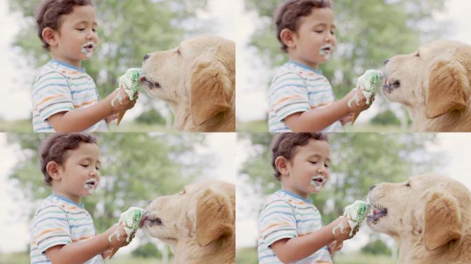 孩子喂狗狗吃冰淇淋