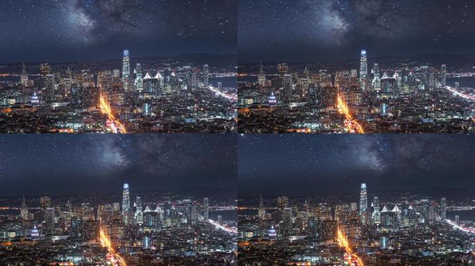 城市天际线上方的银河夜空