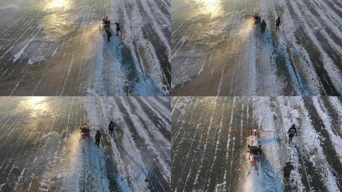航拍采冰松花江：被切割过的江面冰层真壮观