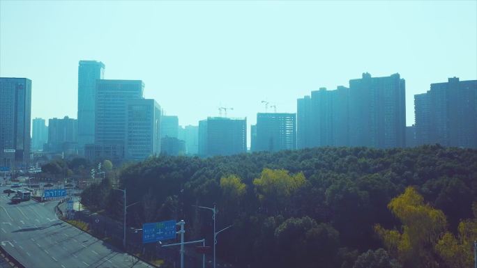车流武汉都市科技城市背景原创航拍无人机