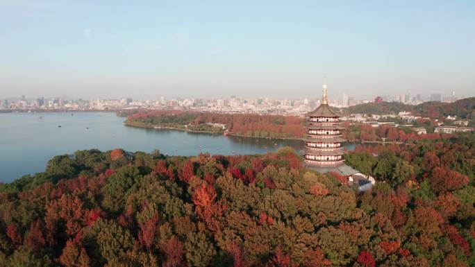 航拍杭州西湖雷峰塔秋色