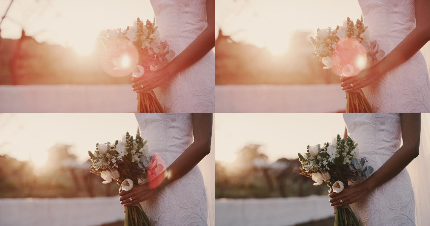 一位新娘捧着花束婚礼布置浪漫钻戒结婚婚纱