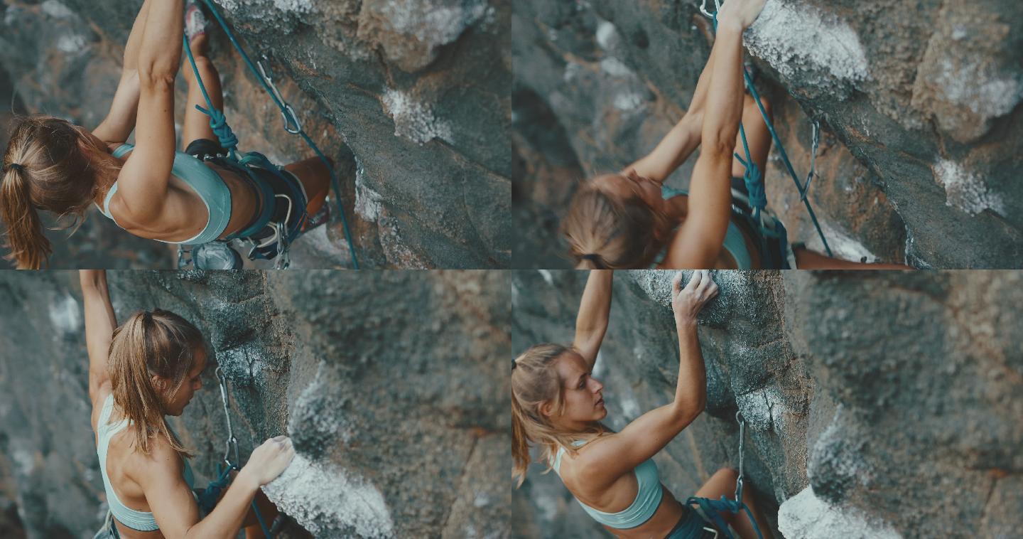 年轻女子在攀岩悬崖