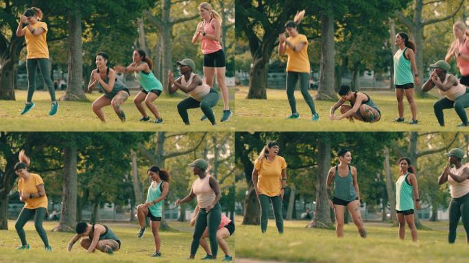 一组年轻女性在公园锻炼时做跳蹲