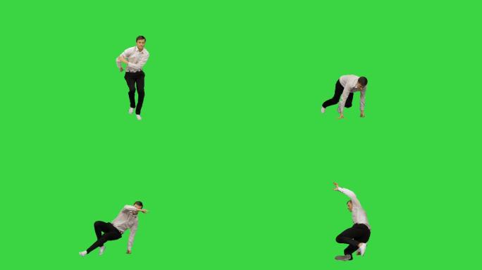 黑裤子年轻人在绿色屏幕上跳霹雳舞