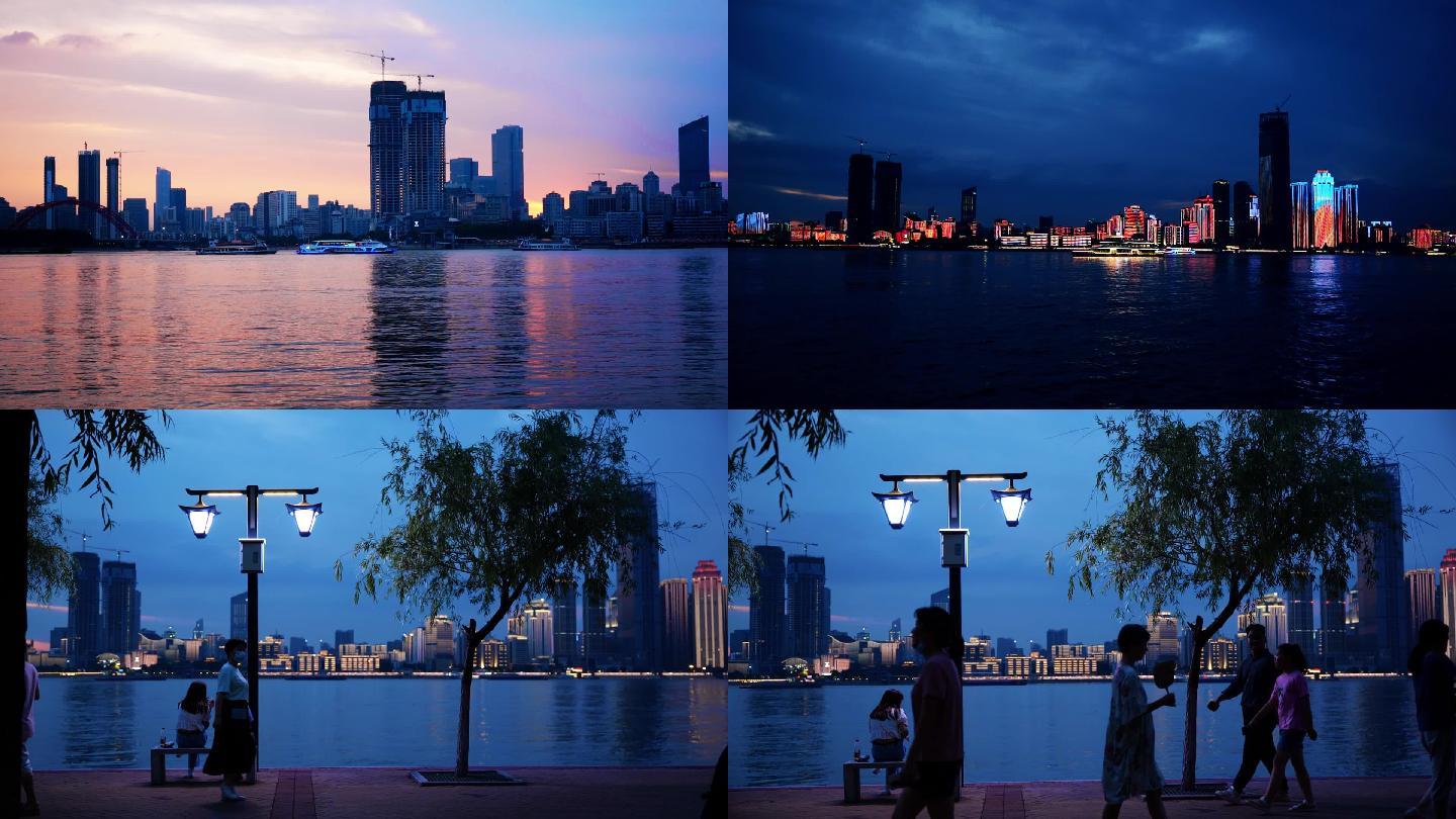 汉口江滩公园夜晚市民散步健身