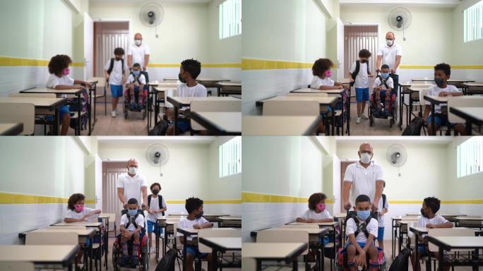 残疾学生进入教室与同学打招呼