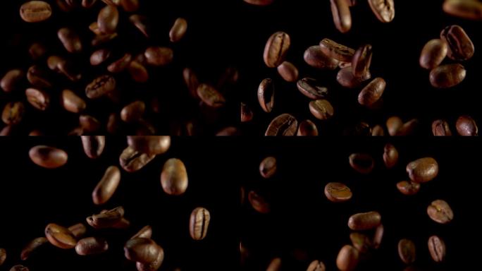 咖啡豆在黑色背景上飞舞旋转