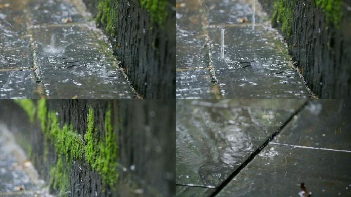 下雨屋檐水青石板雨滴飞溅