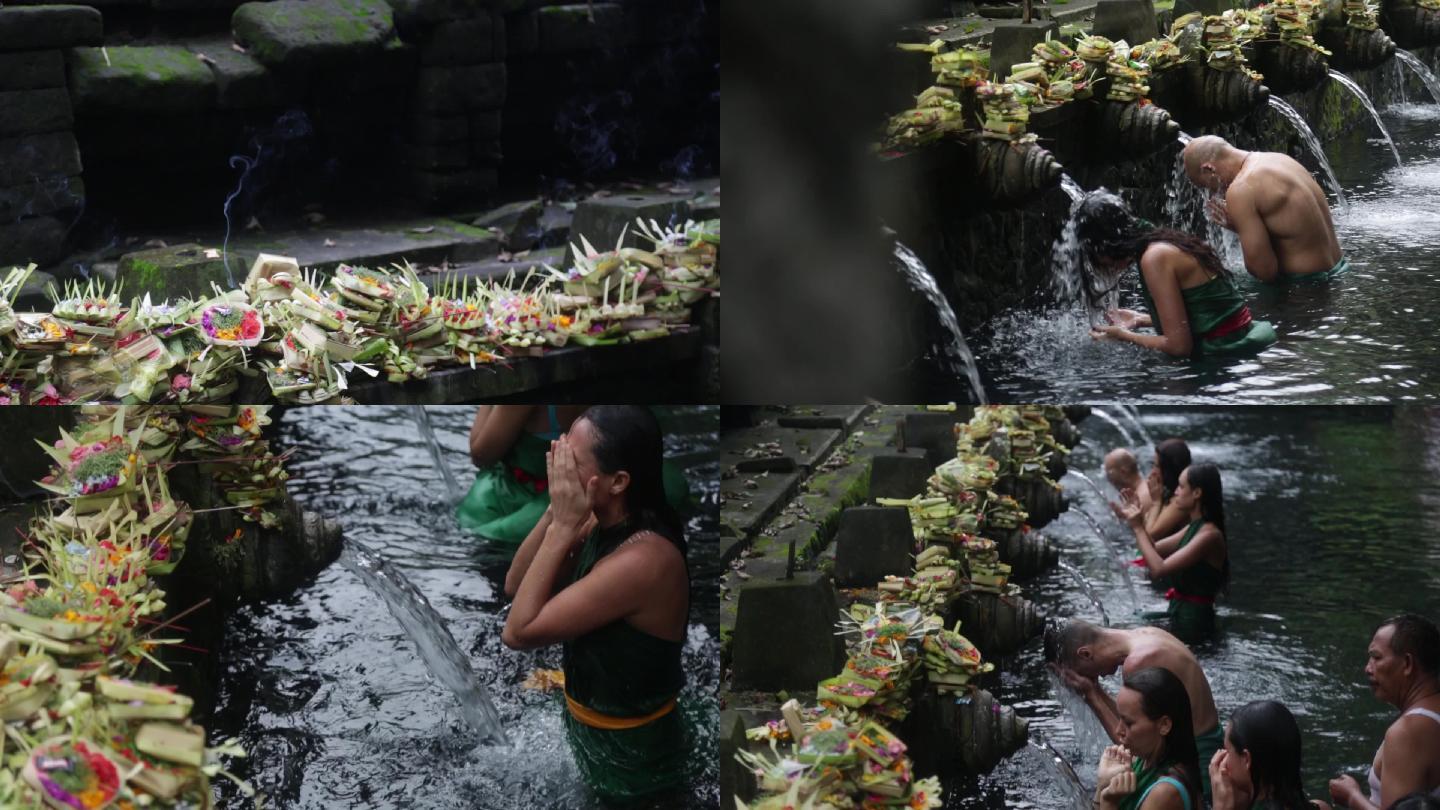巴厘岛外国人圣泉寺虔诚顶礼膜拜沐浴受洗