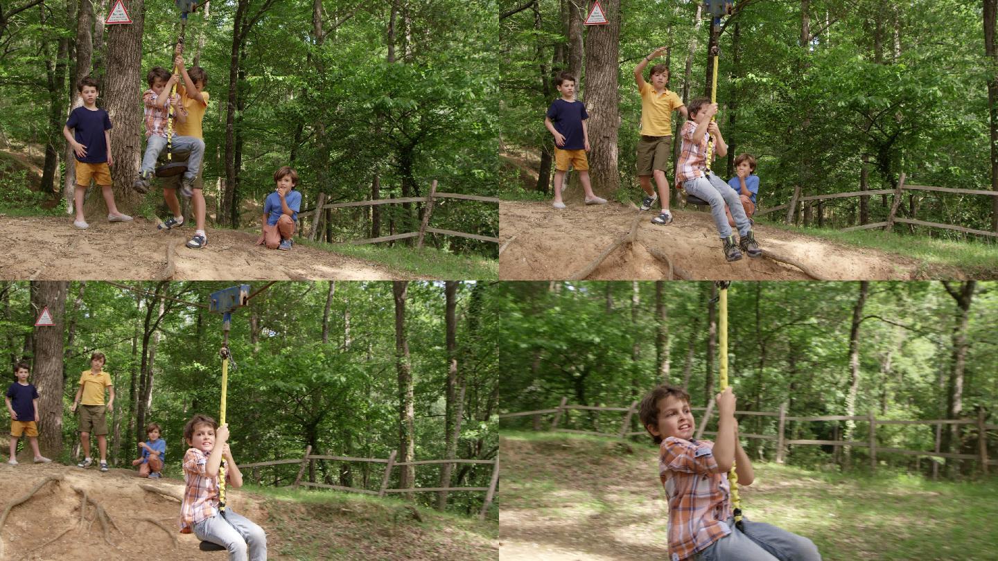 男孩和朋友在森林里玩绳子