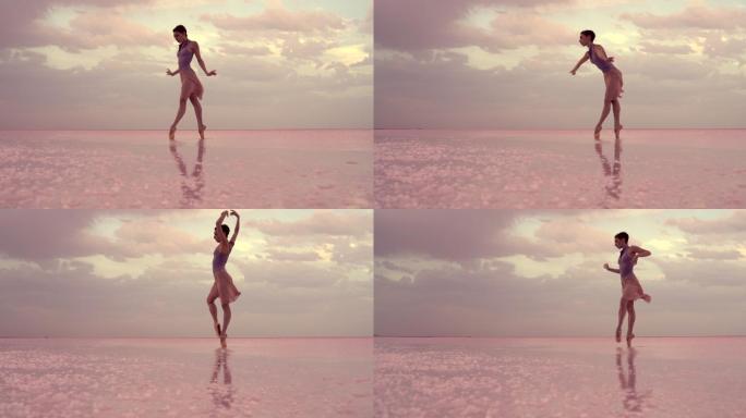 清晨在湖面上跳舞的年轻芭蕾舞演员