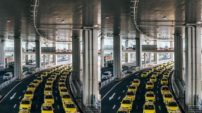 黄色出租车在机场出口排队