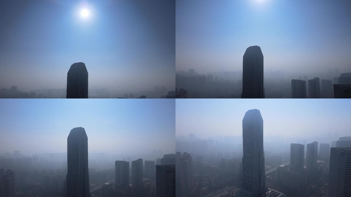 航拍雾霾天气大楼城市建筑下拉镜头视频素材