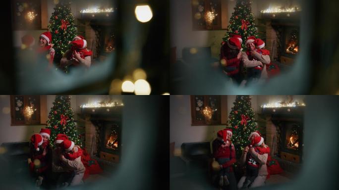 快乐家庭的慢镜头欢庆圣诞节