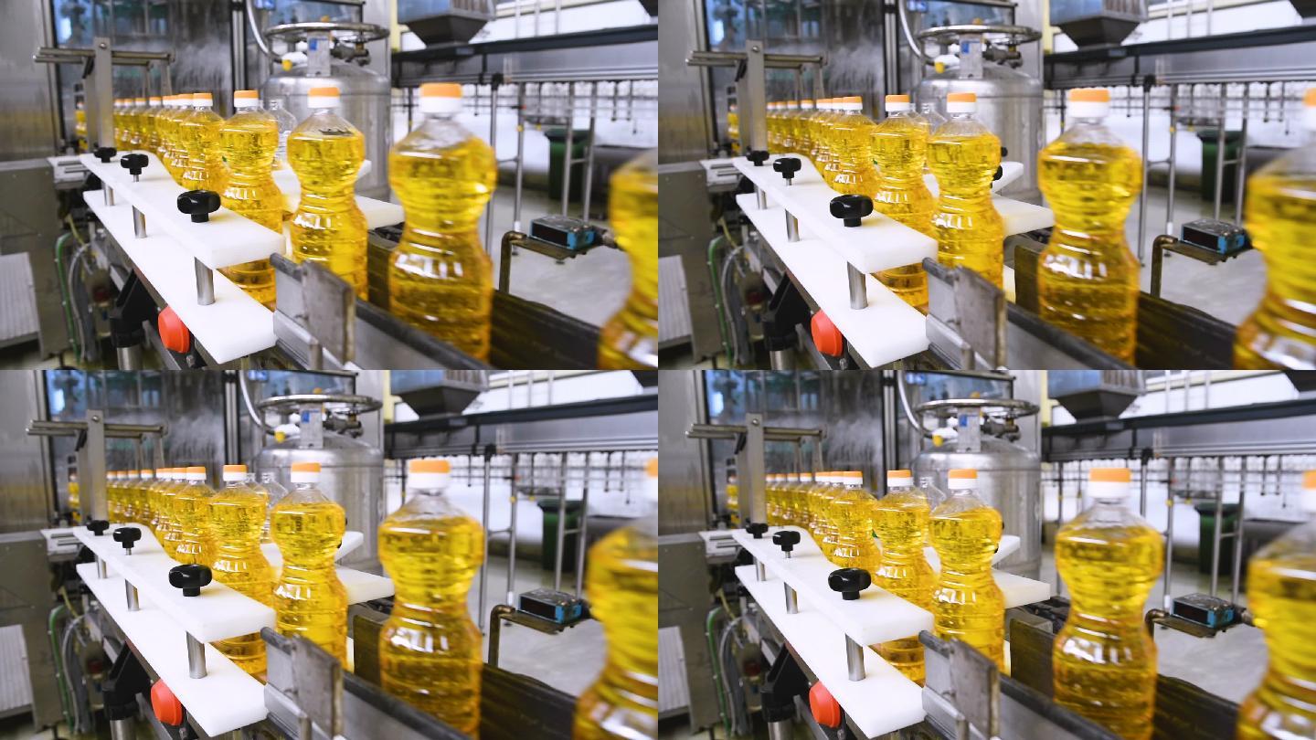 向日葵油在瓶内移动的生产线上。