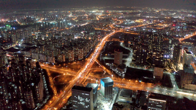 航拍城市夜景-夜晚鸟瞰城市全景-青岛夜景