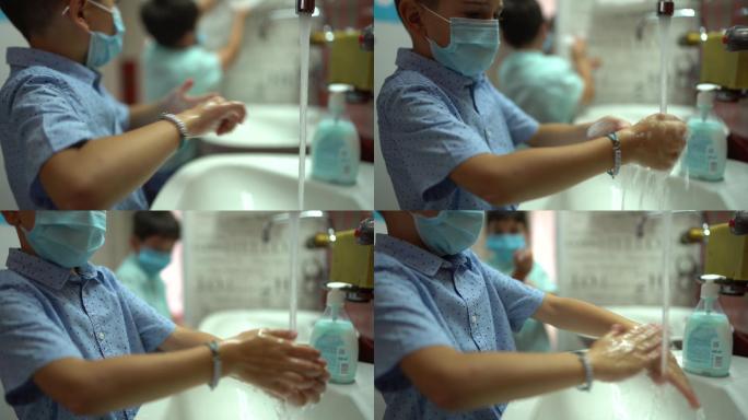 孩子们戴口罩洗手洗手液良好的卫生习惯家庭