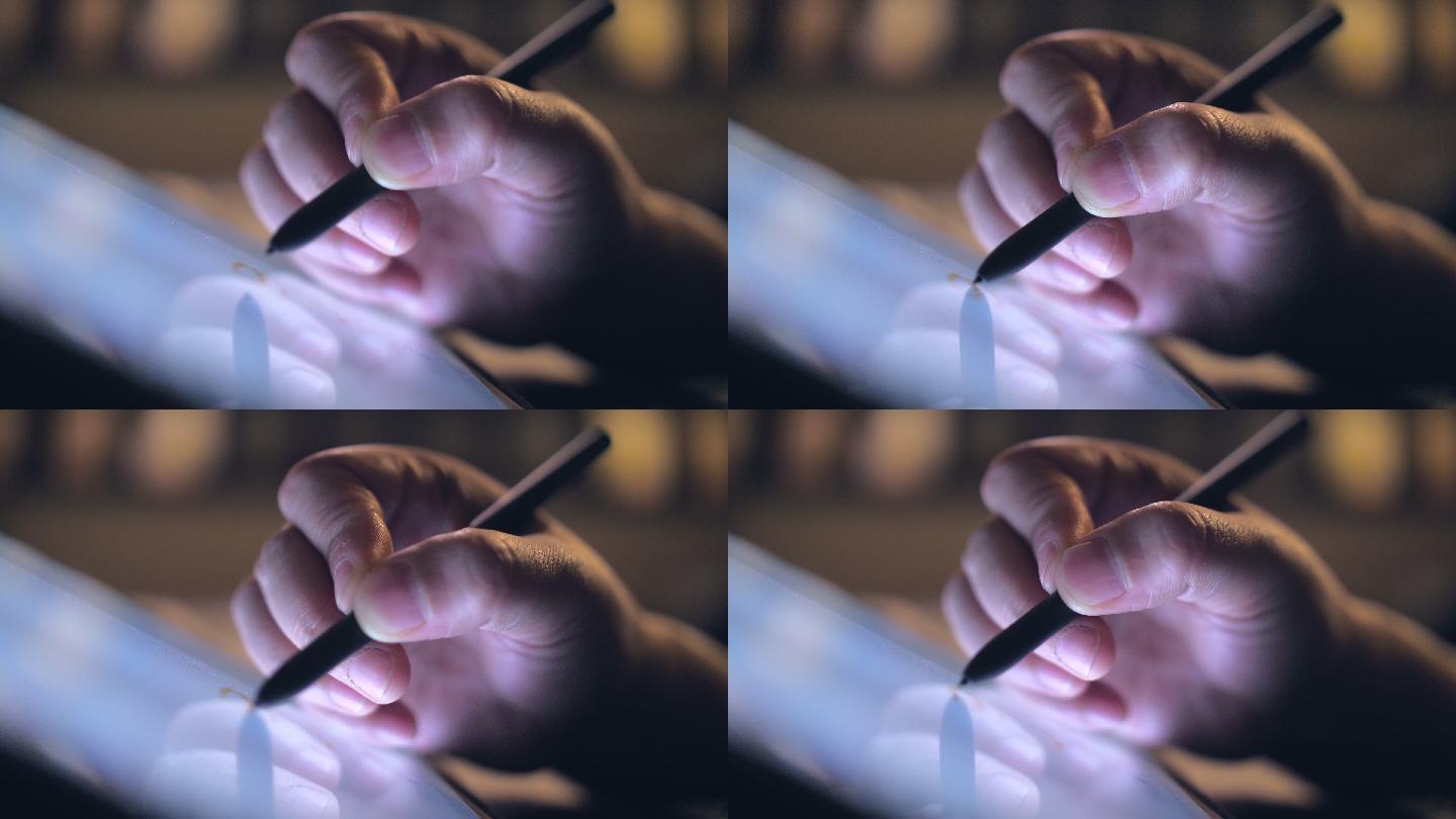 在数字平板电脑上使用数字铅笔绘制手的特写