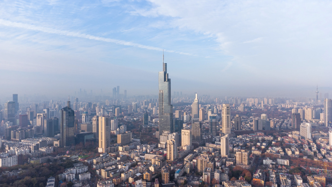 南京紫峰城市全景航拍延时清晨阳光