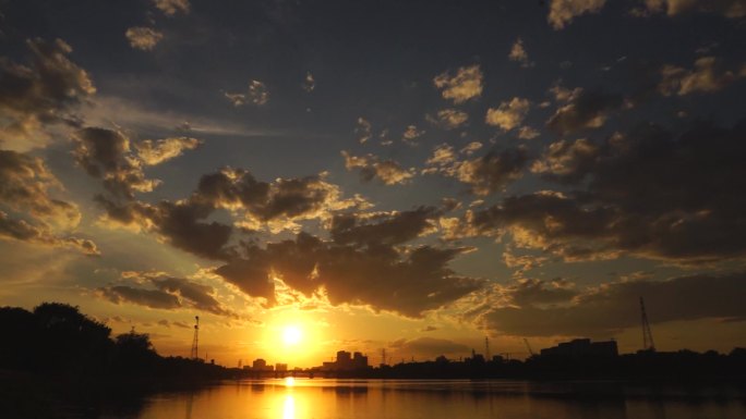 河边落日建筑工地夕阳晚霞夕阳红夕阳无限好