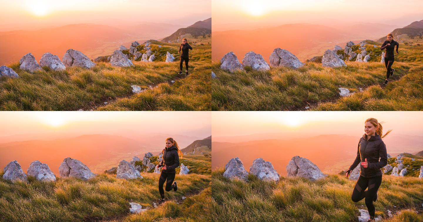 日落时在山上奔跑的女人