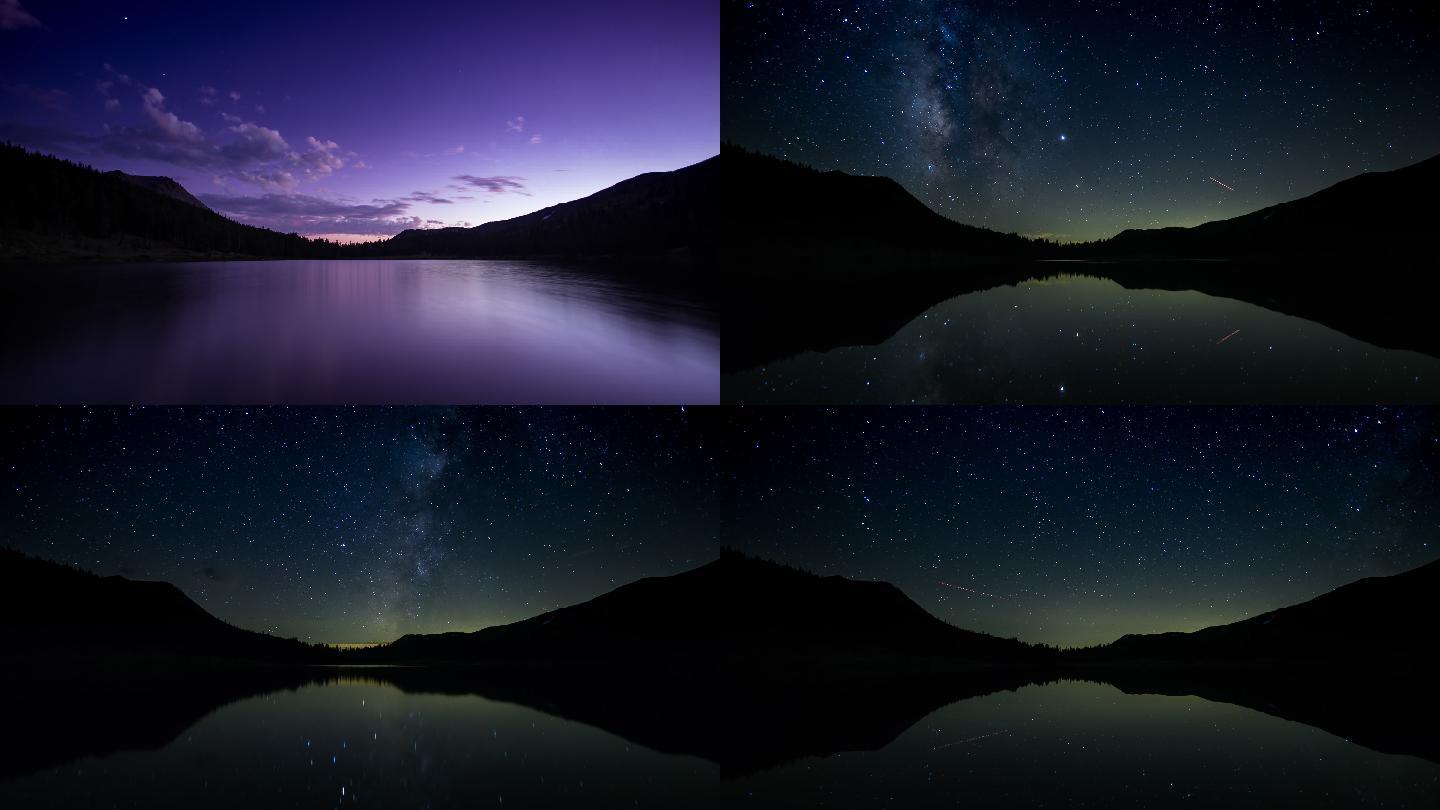 高地湖泊的日落和繁星之夜-时间流逝