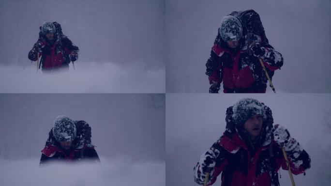 在雪山中行走的人爬雪山探险查看地理