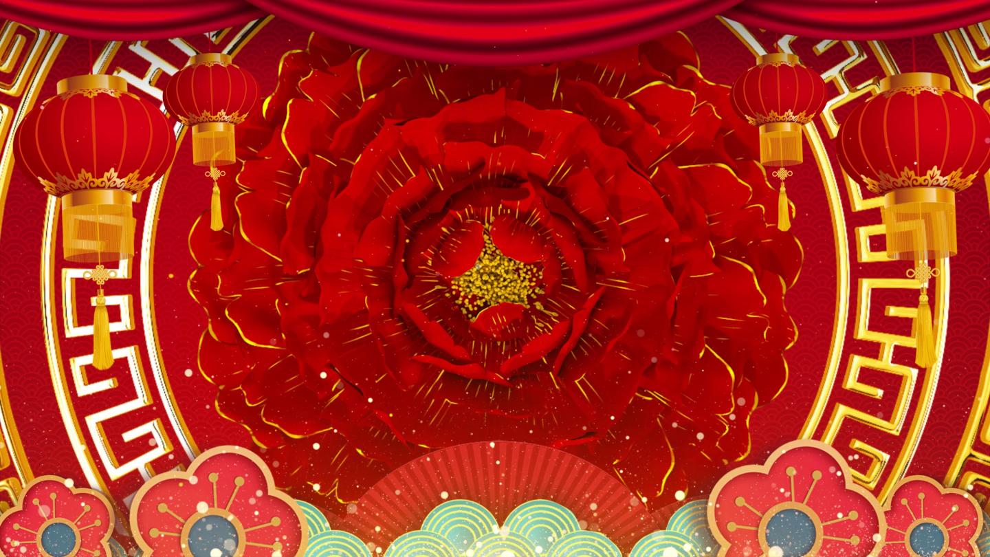 4K中国风新年牡丹花开舞台背景视频