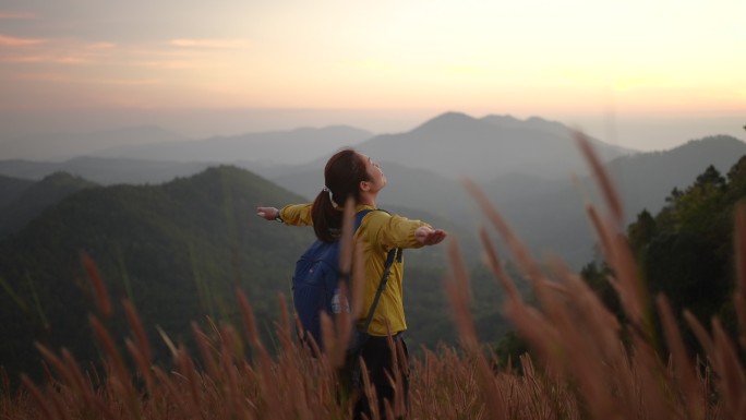 旅行者在上山看风景