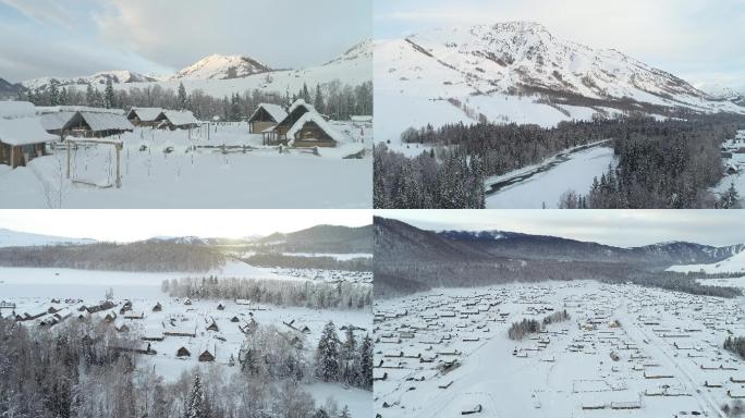 冬季新疆阿勒泰地区禾木村景区桥禾木河4K