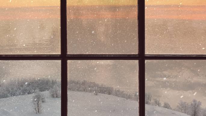 木窗的剪影暴风雪冷杉树
