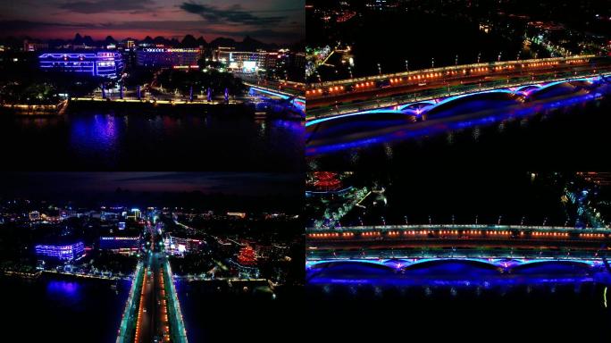 桂林解放桥夜景航拍多镜头3分5秒