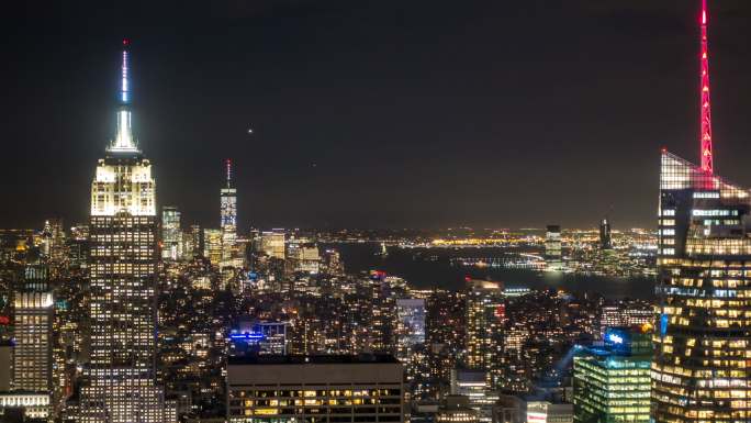 时间流逝：鸟瞰纽约市城市景观美国黄昏日落