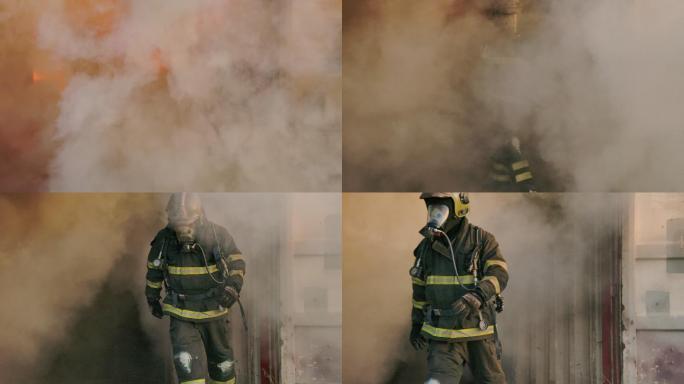 慢动作消防队员跑向摄像机，背景是火焰。