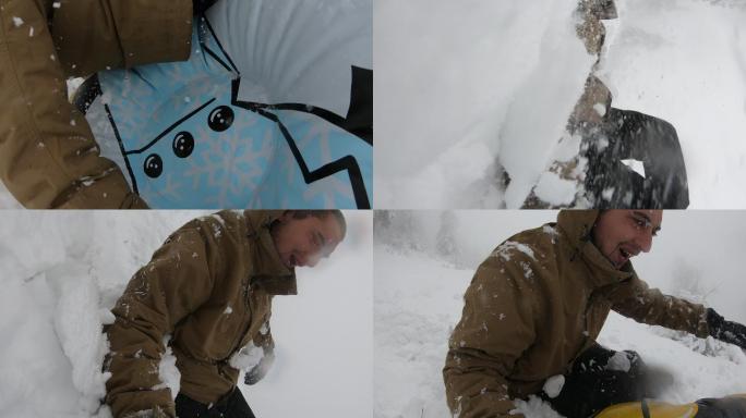 一个年轻人在雪地里滑到