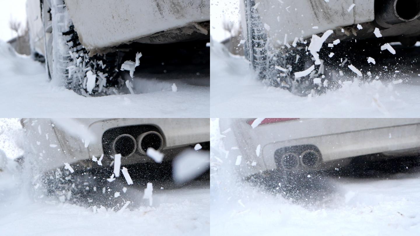 雪地上的汽车车辆轮胎公路地面路面积雪下雪