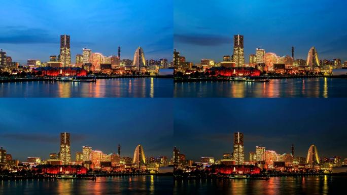 横滨湾的延时风景日本都市璀璨灯光金融夜景