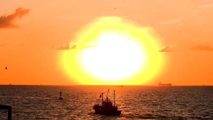 渔船与太阳海鸥海平线夕阳红