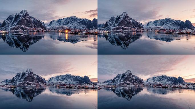 早晨被群山环绕的挪威渔村的延时变焦