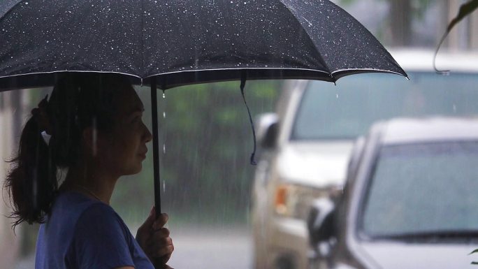 雨天，女人站在城市街道上