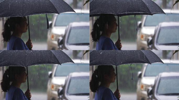 雨天，女人站在城市街道上