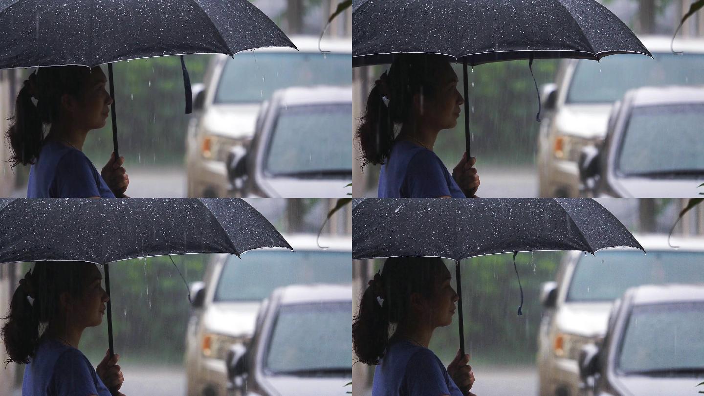 雨天，女人站在城市街道上